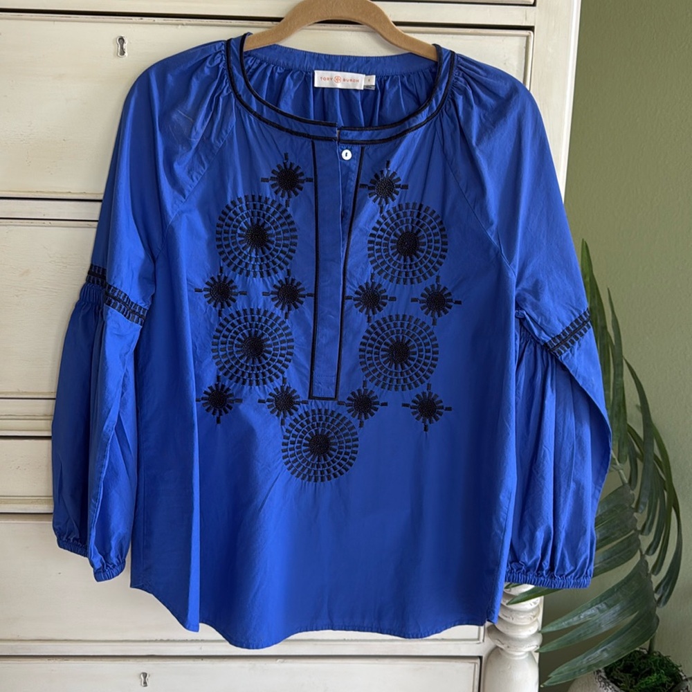 Tory Burch Aubrey Poplin Tunic Embroidered Peasant Top Blouse Size 8